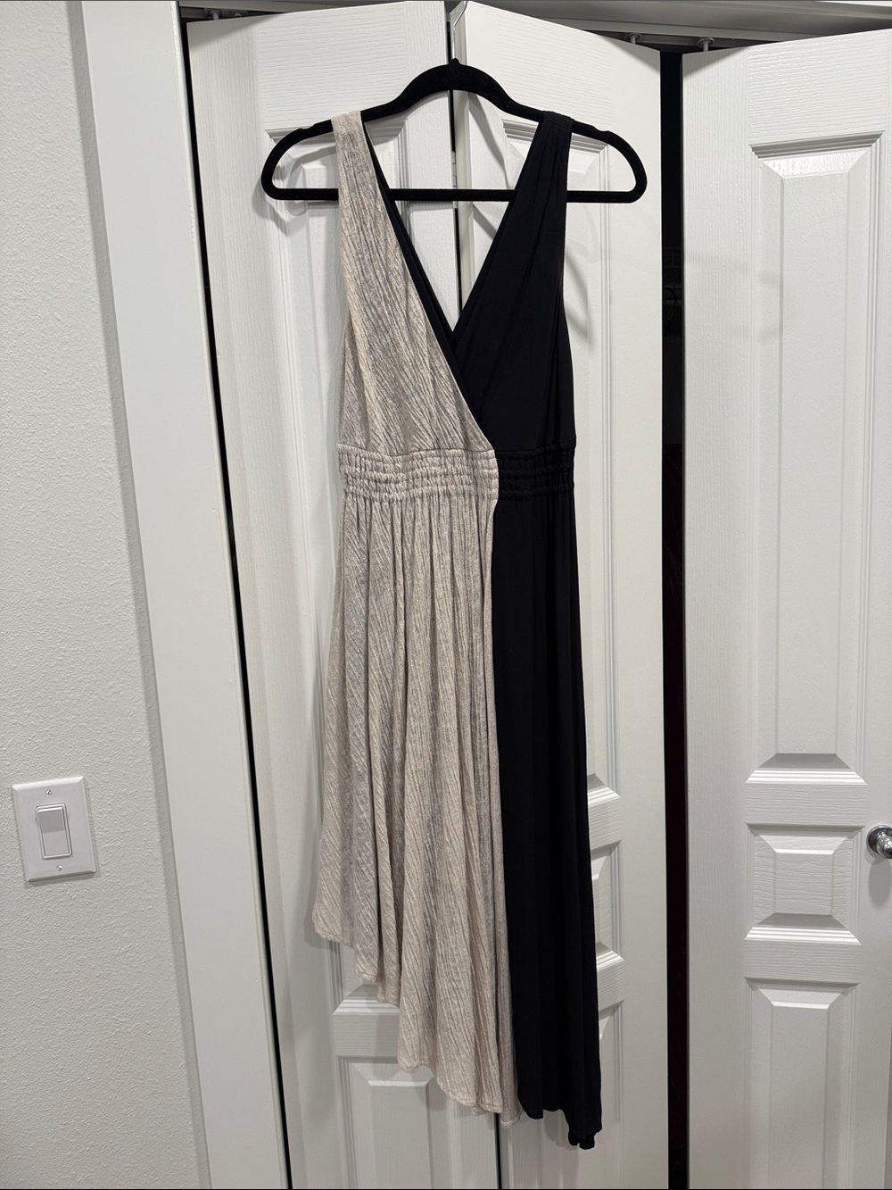 Maeve Asymmetrical Two-Tone V-Neck Maxi Dress - Black & Beige